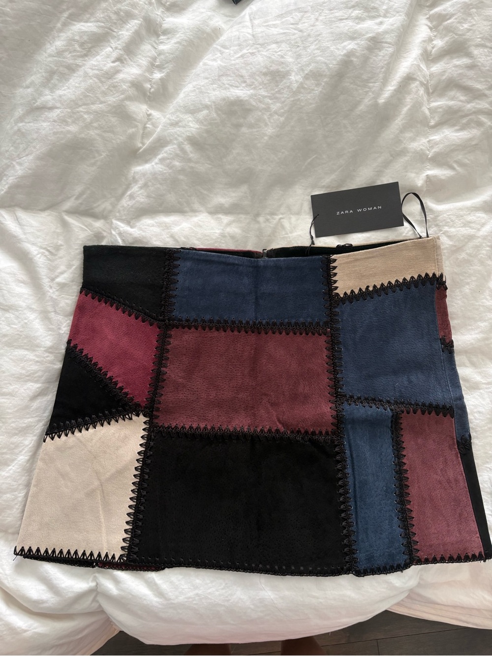 Zara Patchwork Mini Skirt in Black, Navy, Burgundy & Beige